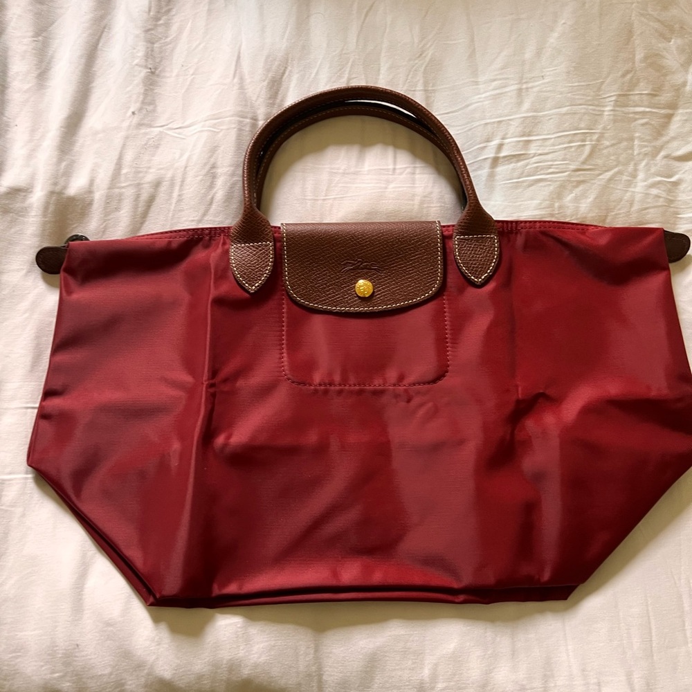 Longchamp Le Pliage Tote Bag - Burgundy with Brown Trim NWOT